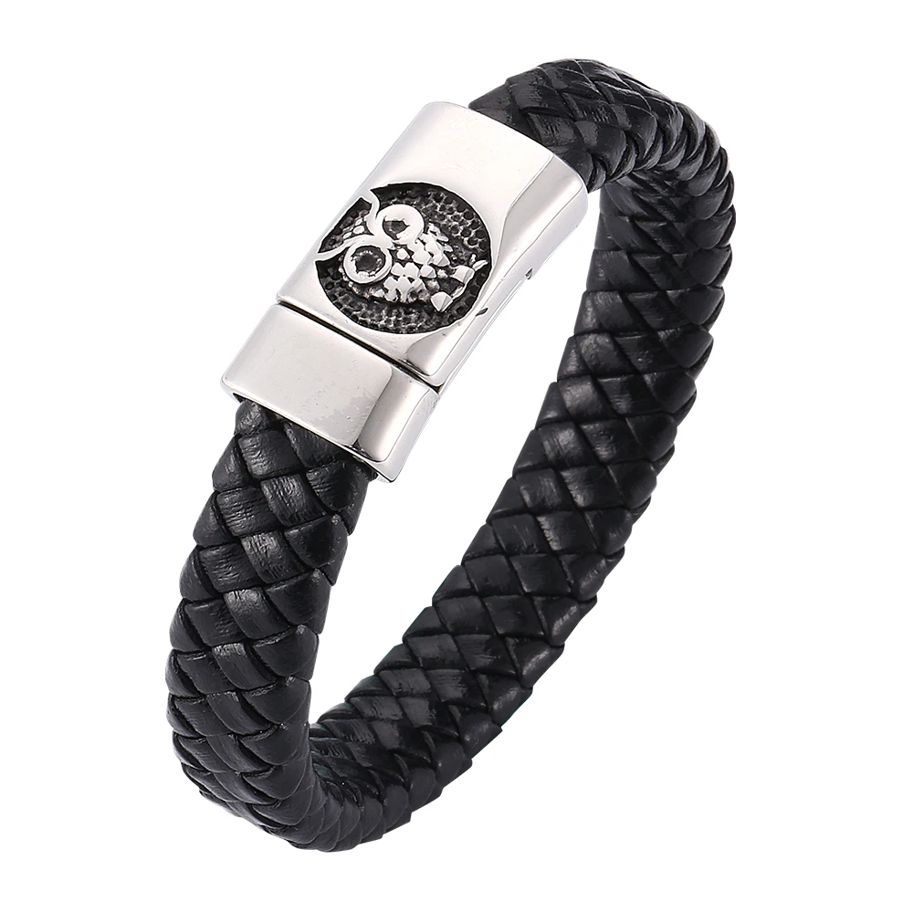 

Men Jewelry Retro Black Braided Leather Bracelet Handmade Stainless Steel Magnetic Clasp Owl Bracelets Bangles SP0262