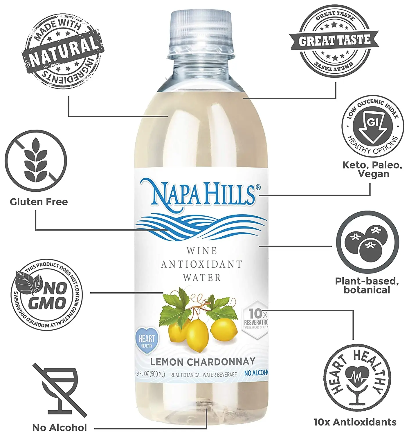 
Variety Flavored Napa Hills Wine Antioxidant Wine Non Alcoholic Resveratrenriched Drink 3 Lemon 3 Berry 3 Peach 3 Cherry 12 Pack 