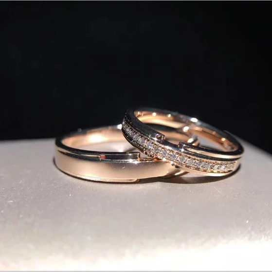 

Real Gold Jewelry Solid 18K Rose Gold Female Male Wedding band Ring Natural Diamond Couple Ring Set