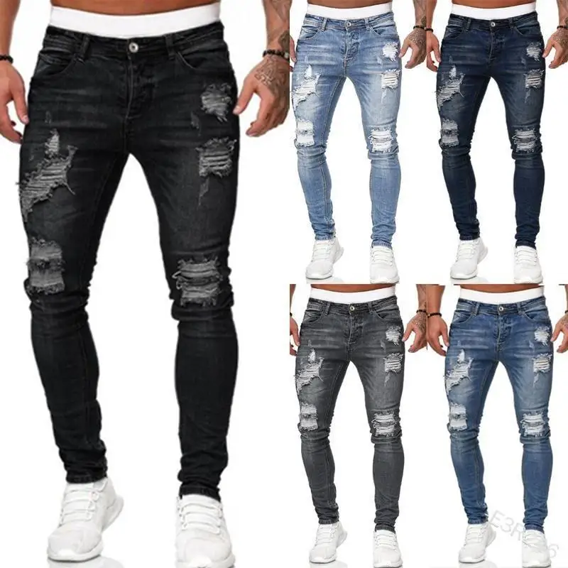 

Men Hip Hop Vintage Streetwear Ripped Destroyed Slim Jeans Fashion High Quality Male's Distressed Casual Jogger Denim Pants