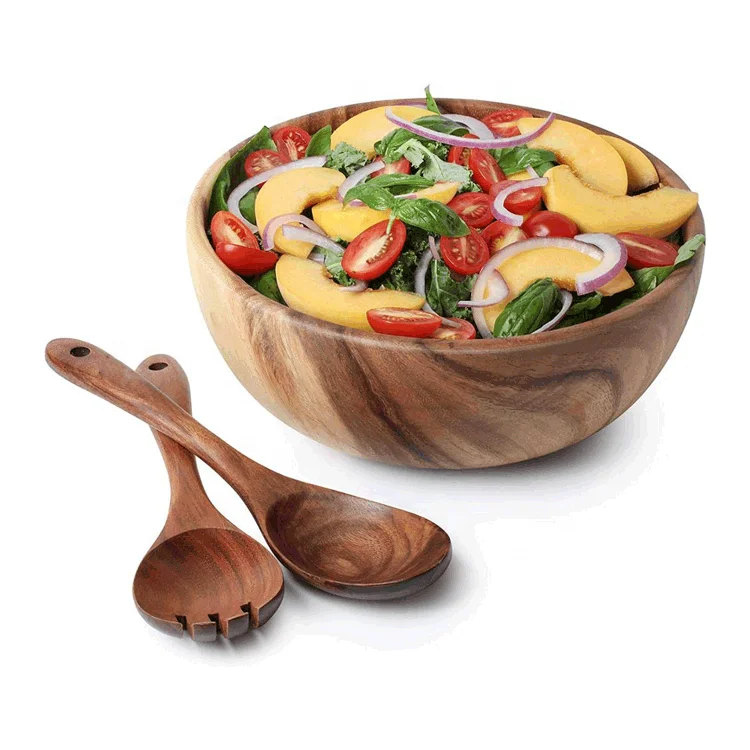 

Kitchen Acacia Wood Salad Bowl Set With Servers Spoon Set, Natural