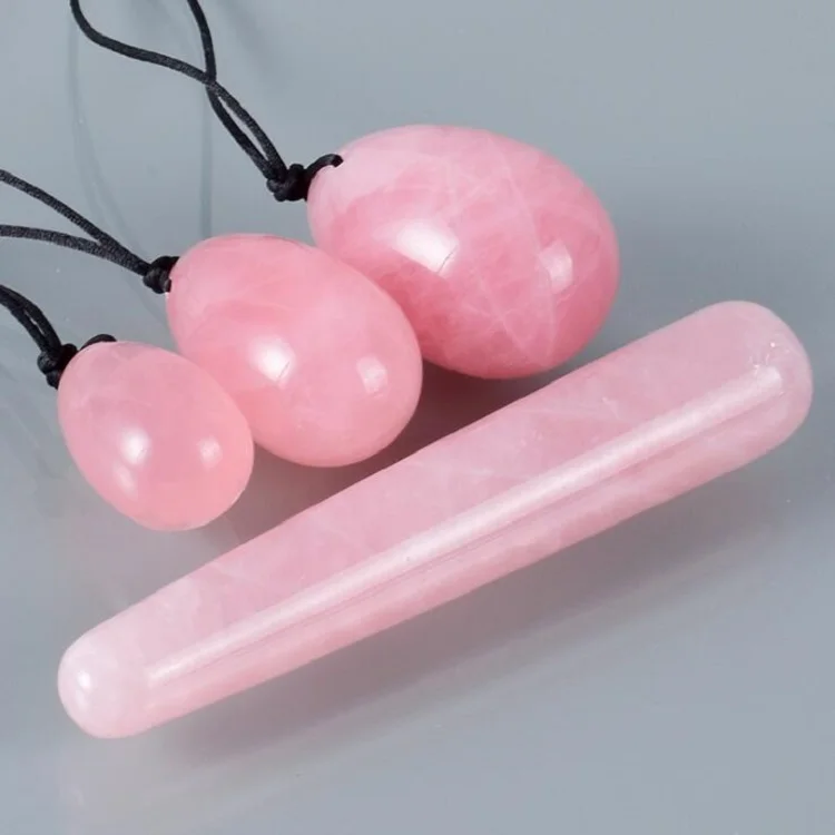 

3 Pcs Drilled Natural Crystal Rose Quartz Yoni Eggs 1 Pcs Yoni Massage Stick Set for Kegel Exercise, Pink