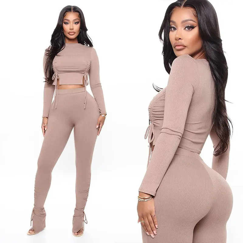 

Hot Selling Long Sleeve Drawstring Top Pencil Stack Pant Women 2 Piece Sets