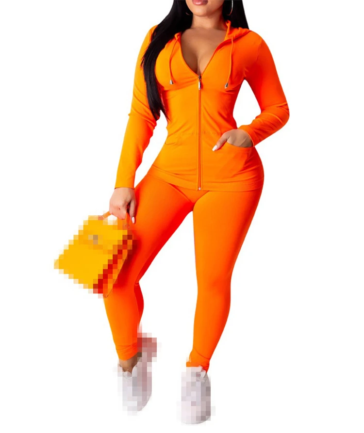 

Wholesale women unbranded plain 2 piece polyester tracksuit set hoody sweatsuit