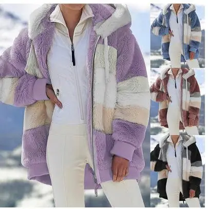 

2021 Winter Women Coat Fashion Warm Plush Casual 5xl Hooded Coat Stitching Plaid Lamb Hair Zipper Ladies Cashmere Jacket T18705y