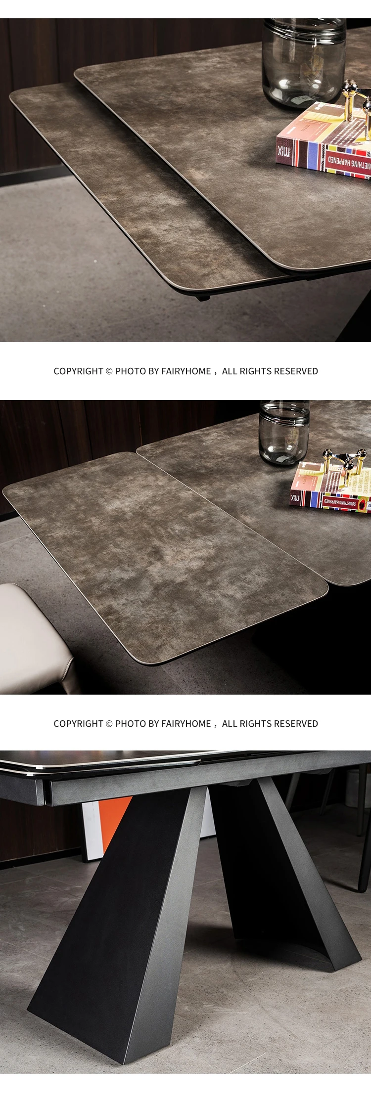 Luxury  8 Seater Long Black Mat Steel Extendable Adjustable Ceramic Porcelain Dining Room Table Set