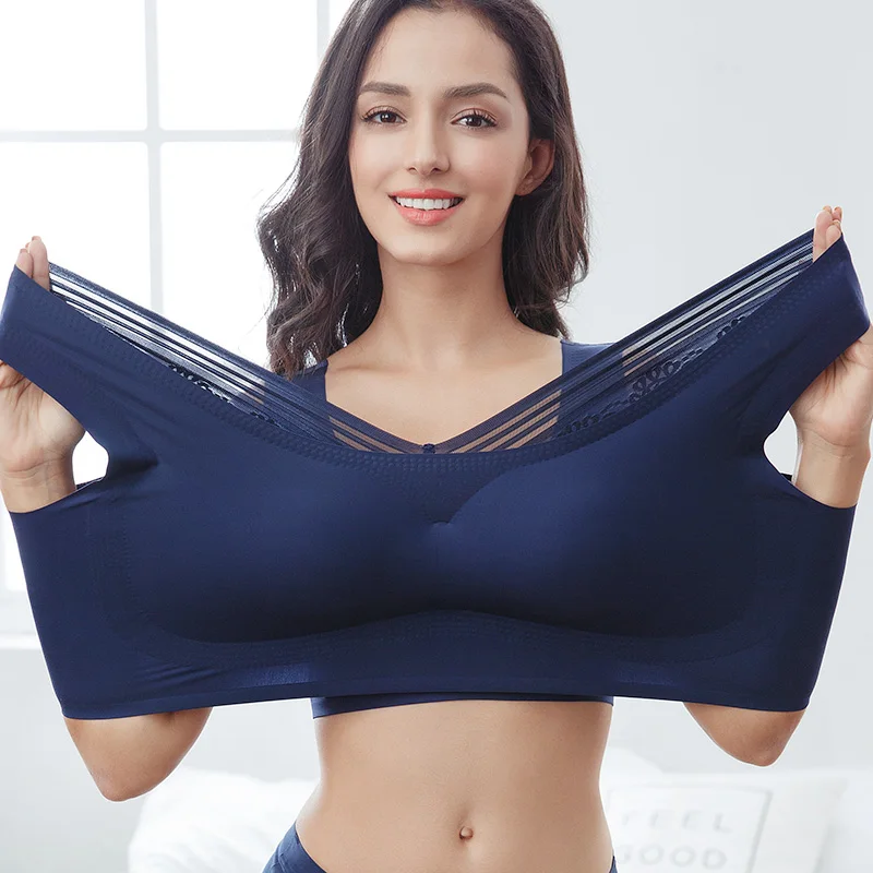 

M-7xl Soft One Piece Large Seamless Wider Shoulder Super Elastic Ladies Lace Pads Comfort Women Big Cup Plus Size Bra, Blue,black,white,red,lavender