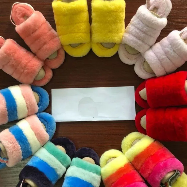 

DHL Free Shipping Real Fur Strap High Quality Card Ugghing Furry Designer Fuzzy Oh Year Slippers Fluff Year Slides For Women, Black blue red yellow grey cheetah