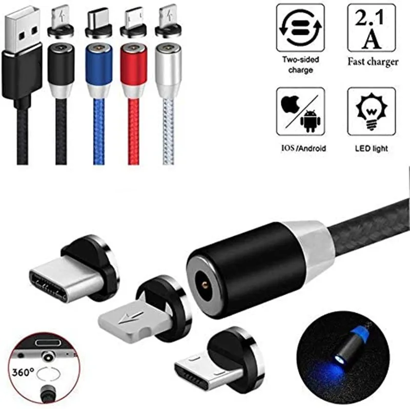 Umigi Fast Charging Nylon Braided 360 Rotatable Blue LED Light 3 in 1 Magnetic Data USB Cable for Micro Lightning Type C - ANKUX.COM