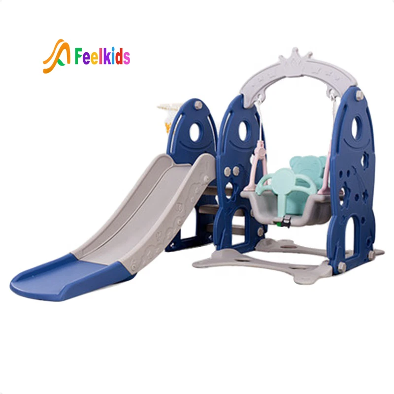 

Feelkids baby house style children family playground slide and swing set with basketball equipment, Blue, green, pink
