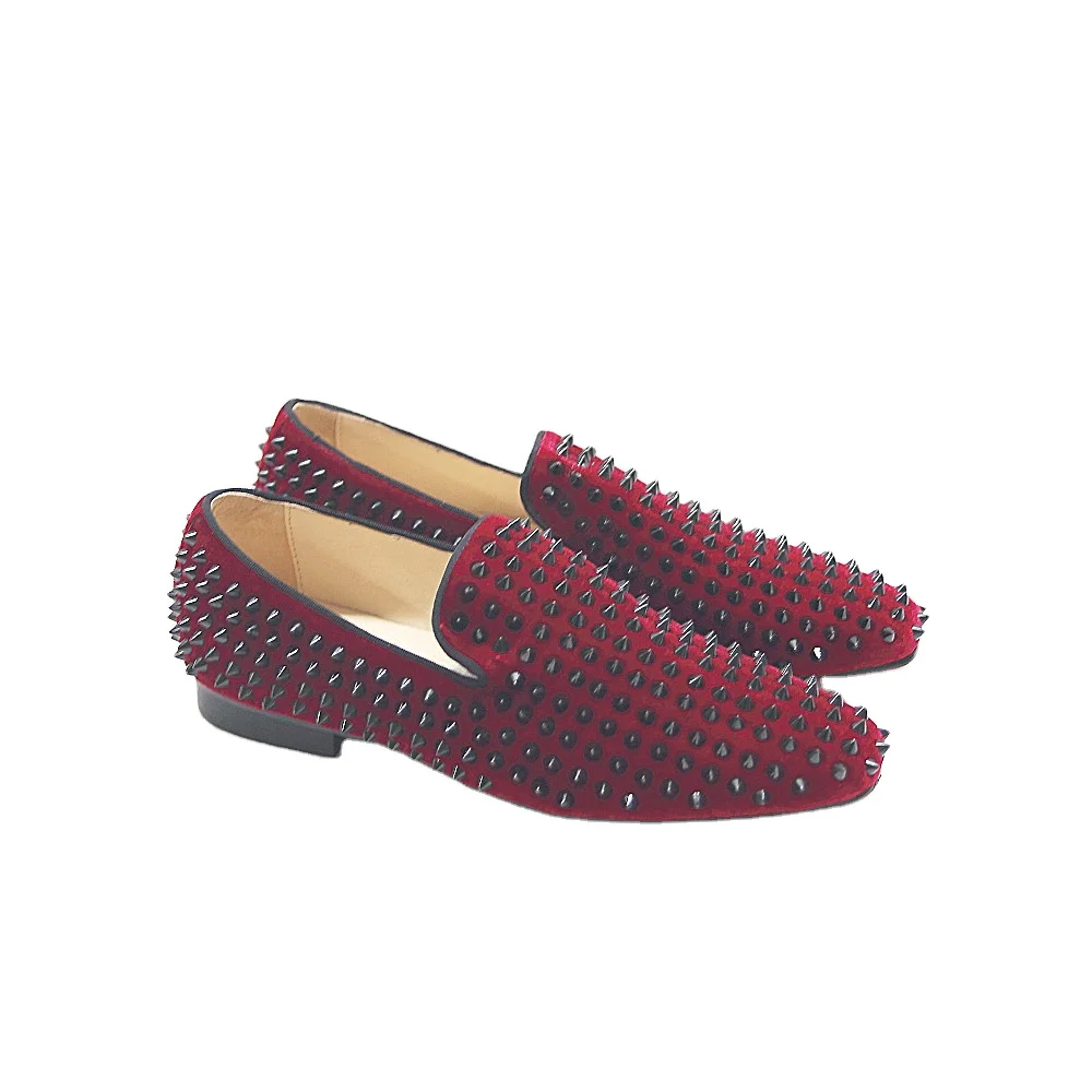 

High quality designer red punk style rivet men loafer shoes, Red, as per require