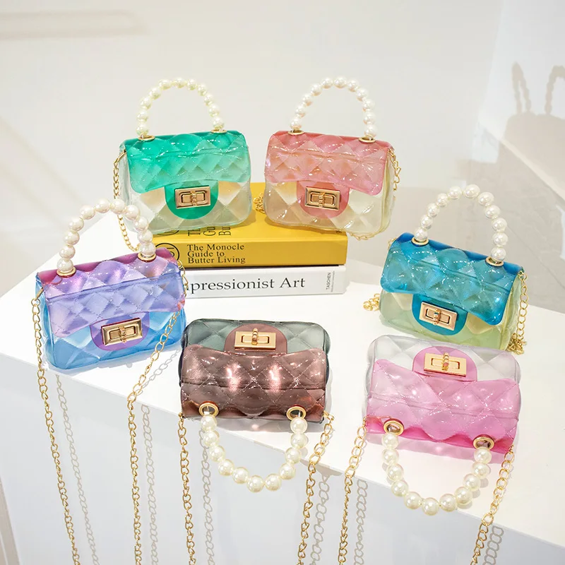 

2021 Pvc Transparent Mini Handbags Pearl hand Jelly Purses And Bags For Ladies