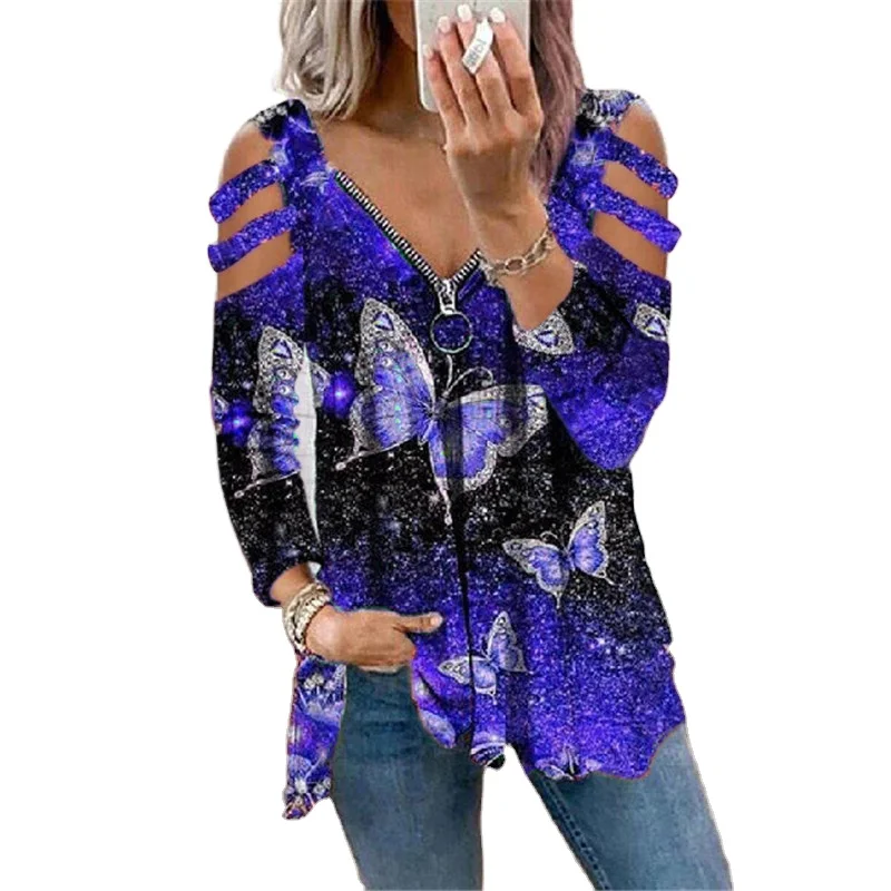 

Wholesale Women Sexy Graphic Long Sleeved Crop Tops V-neck T-Shirts, 6 colors