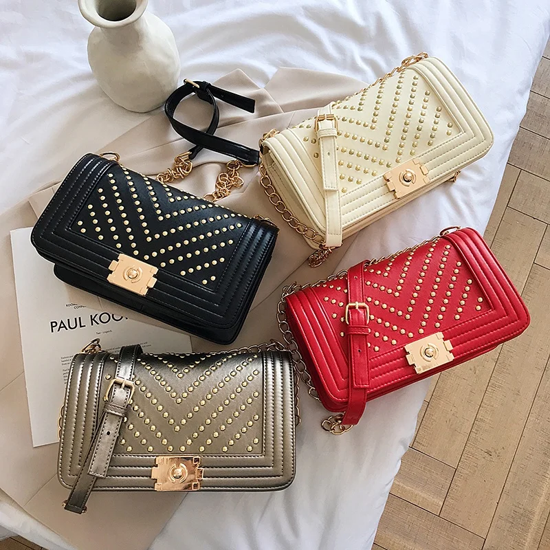 

New ladies brand designer handbags luxury PU rivet handbag messenger bag ladies bag, Red, black, champagne, white