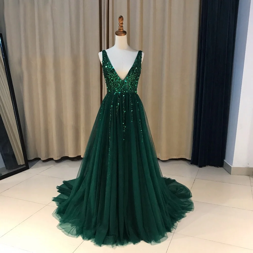 

OEV-L4059 Customized Sexy V Neck Beaded Sequins Skirt with Slit Party Long Evening Dress 2021