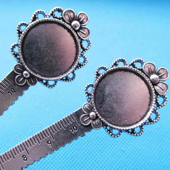 

Antique Silver tone/Antique Bronze Flower Ruler Bookmark Pendant Charm 20mm Cabochon/Cameo Base Setting Tray Bezel, Picture
