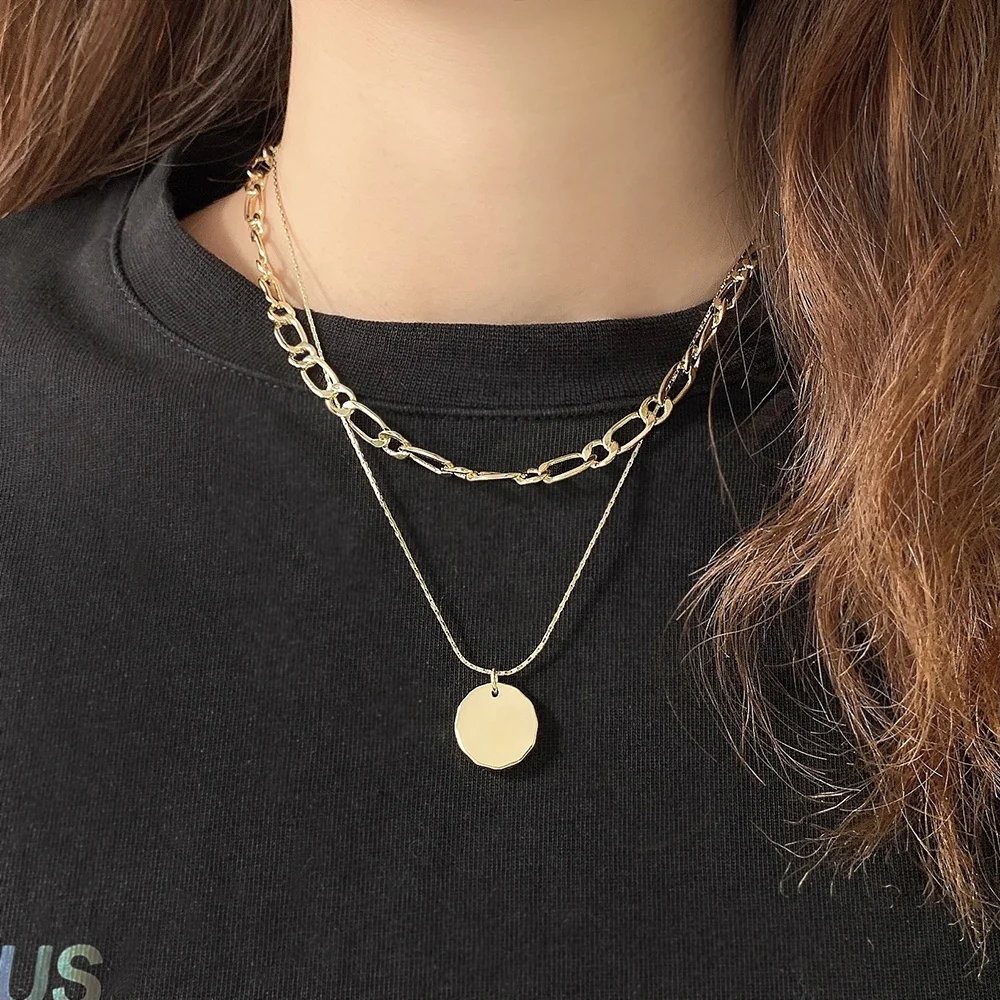 

New arrival jewelry necklaces disc pendant necklaces double chain gold link chain