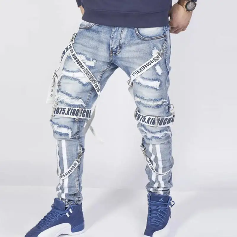 

In Stock Street Fashion Hip Hop Jeans Pants With Ribbons Letter Print Ripped Pencil Jeans Men Slim Fit