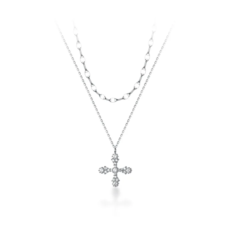 

N3194 New Arrival Elegant Jewelry Sterling Silver 925 Retro Cross Femininity Korean Double Layer Flash Diamond Necklace