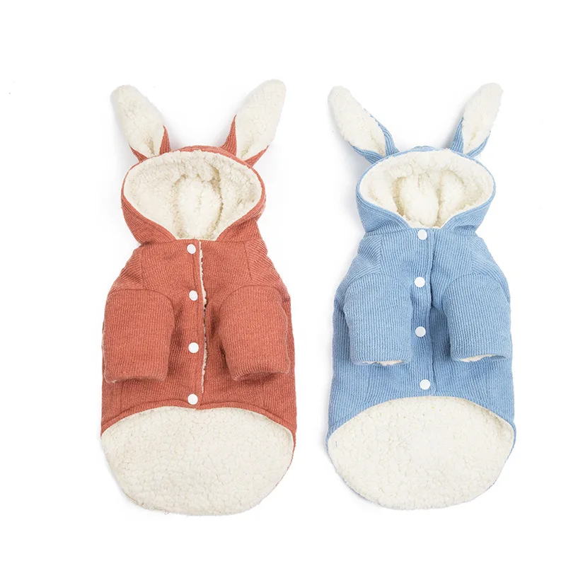 

Pet Dog Clothes Rabbit Ear With A Plush Tail Coral Fleece Hooded Dress Up Puppy Winter Warm Coat Jacket Costume