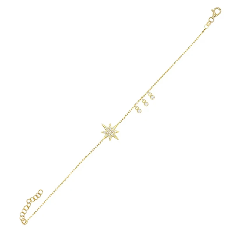 Pulsera ajustable de circonitas de estrella de ocho puntas con dije de oro y plata de 18 quilates