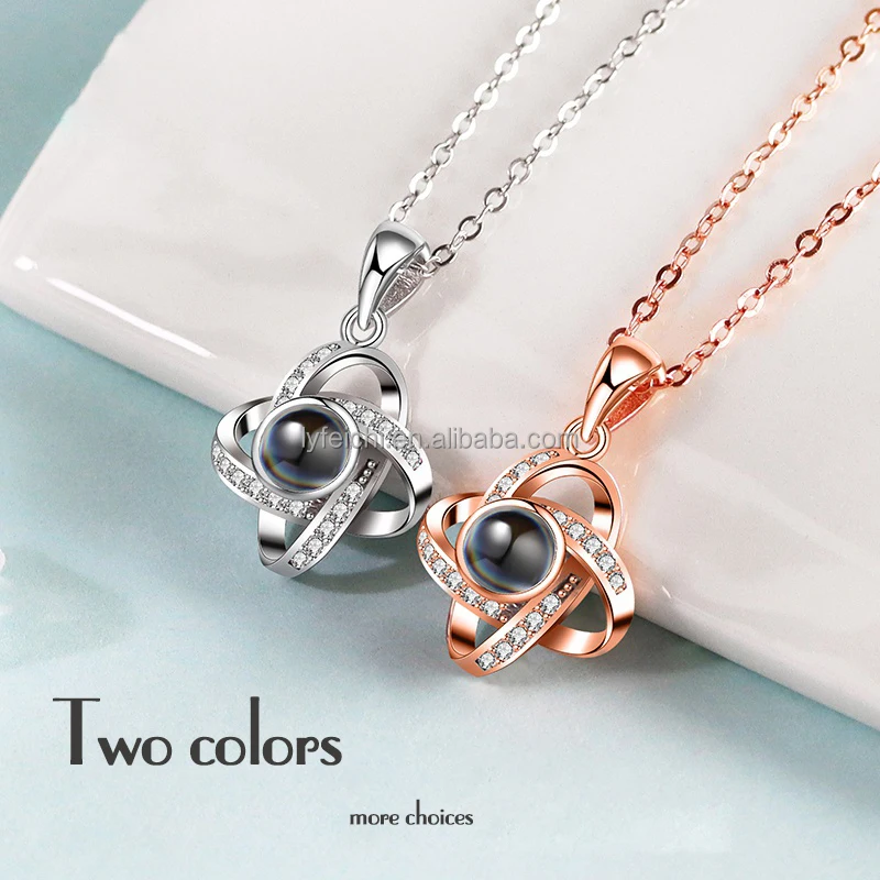 

Custom Color Photo Clover Rose Gold Plated 100 Love 925 Silver Projection Necklace