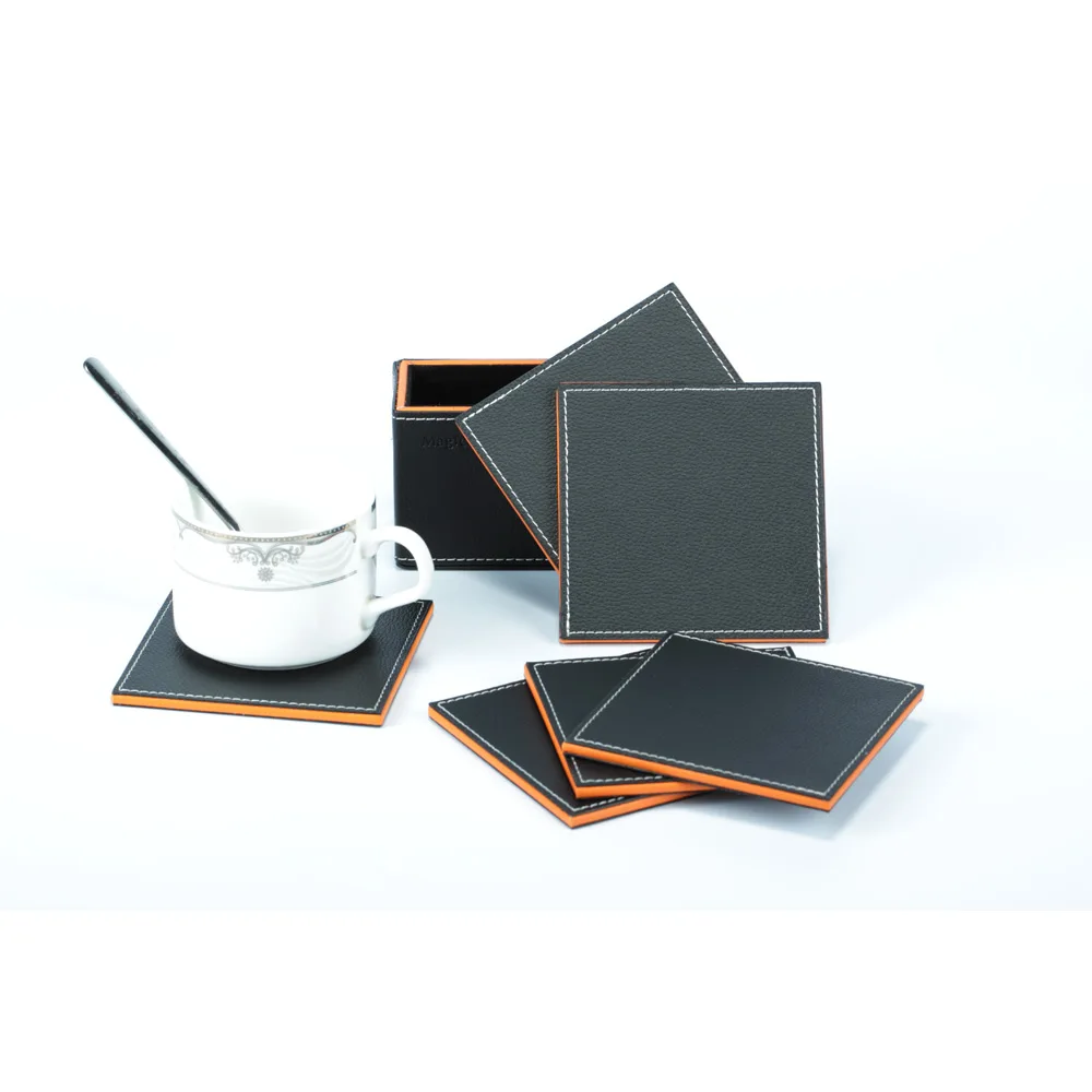 

China wholesale Leather rectangle Coasters set cup mat with Holder, Orange