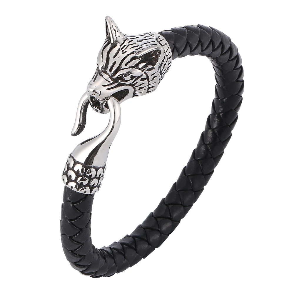 

Trendy Mens Jewelry Black Brown Braided Leather Bracelet Men Stainless Steel Wolf Bracelet Wristband Male Gifts SP0392