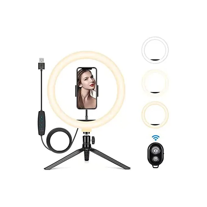 

Live Stream And Makeup Tripod Stand Remote Control Video Phone Holder Led Selfie Ring Light, Grey-black