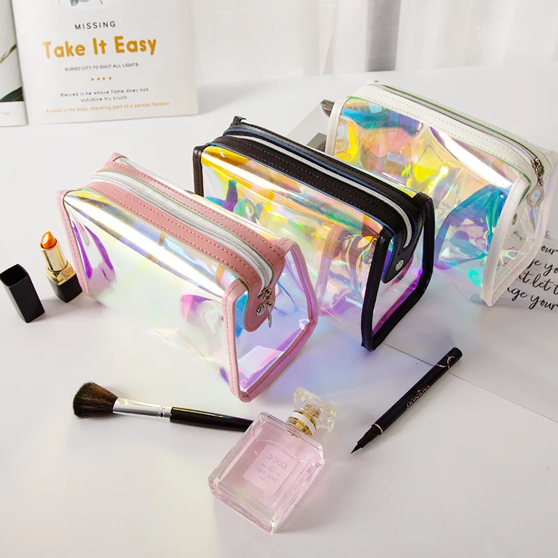 

Transparent jelly clear holographic makeup bag make up pouch pvc cosmetic bags for women, Rainbow