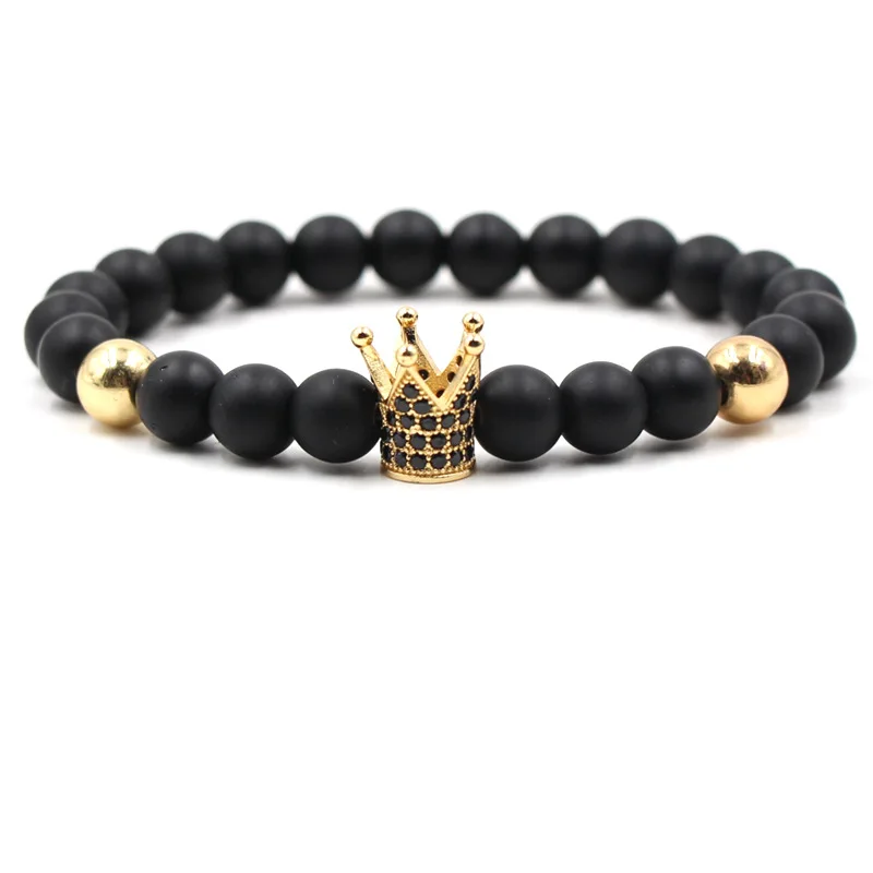 

Fashion Wholesale Elastic Copper Bead 8mm Matte Black Stone Micro Pave Black Zircon King Crown Charm Bracelet, Black, gold, silver, rose gold