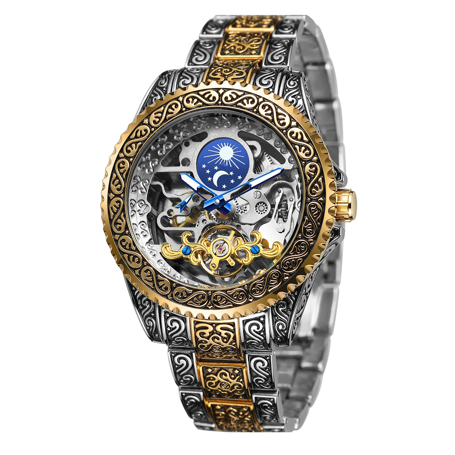 

Forsining Automatic Tourbillon Watch for Men Mechanical Skeleton Mens Watches Top Brand Luxury Engraved Vintage Moon Phase Steel