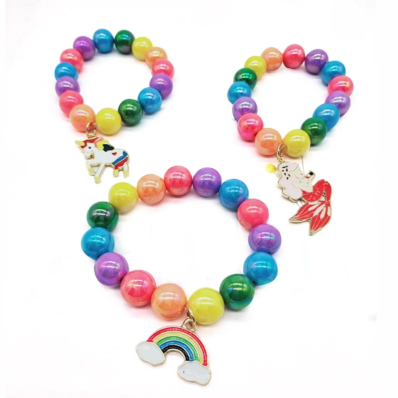

Wholesale Unicorn Seven Color Rainbow Alloy Acrylic Chunky Bead Bracelet For Kids
