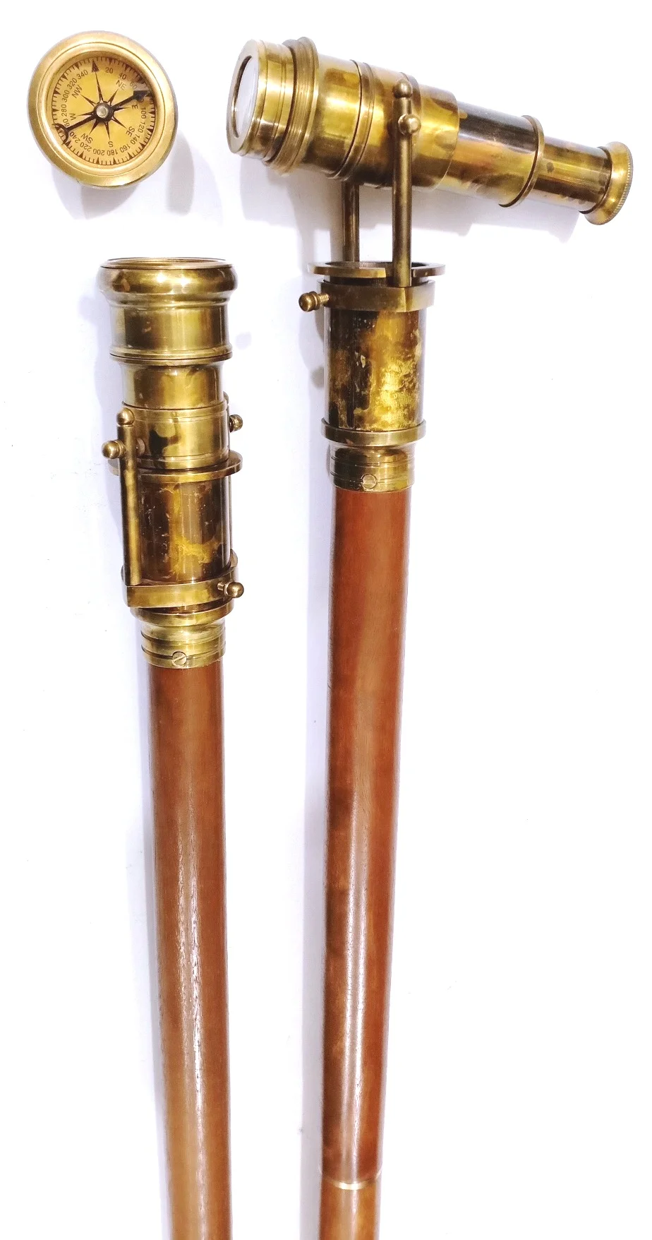 Vintage Antique Brass Hidden Telescope Wooden Walking Stick with Compass on Top 
