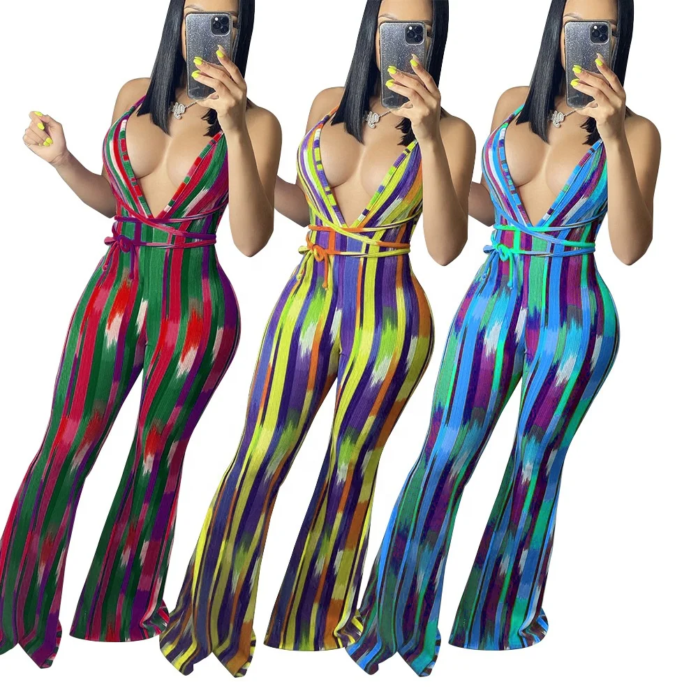 

Sexy Deep V-neck One Piece Jumpsuit Bandage Slim Stripe Digital Printing Gradient Jumpsuit Clothing Women Flare Pants Set, 3 colors