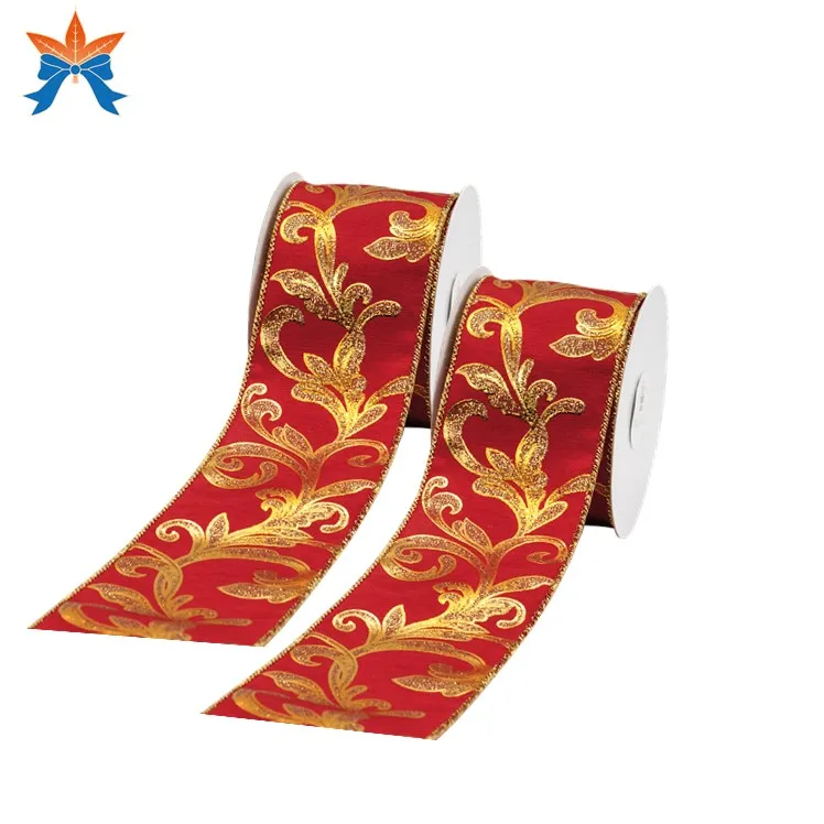 

Red Satin With Gold Swirl Wired High Quality Ribbon