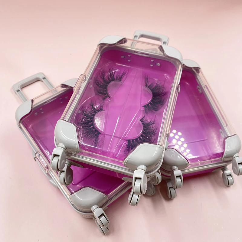

2020 Private label Cute Mini Luggage Suitcase 3D Mink Eyelash Packaging Case 25MM Eyelashes Box, Natural black
