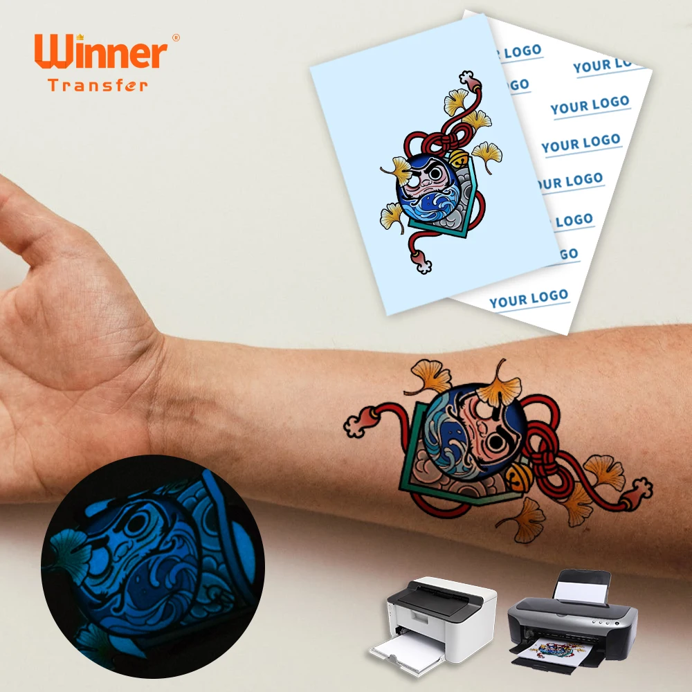 

Ready to ship Winner transfer printable 100 Pieces laser and inkjet glow in the dark tattoo paper for your body skin