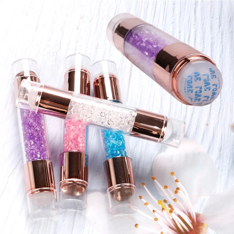 

Professional Nail Supplier Double Head Rhinestone Handle Silicone Transparent Nail Art Jelly Stamper, White purple pink blue