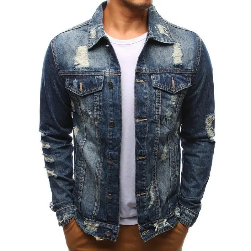 

New 2021 Denim Jacket Men Casual Solid Color Destroyed Hole Washed Jeans Jacket Men Autumn Slim Fit Quality Mens Jackets