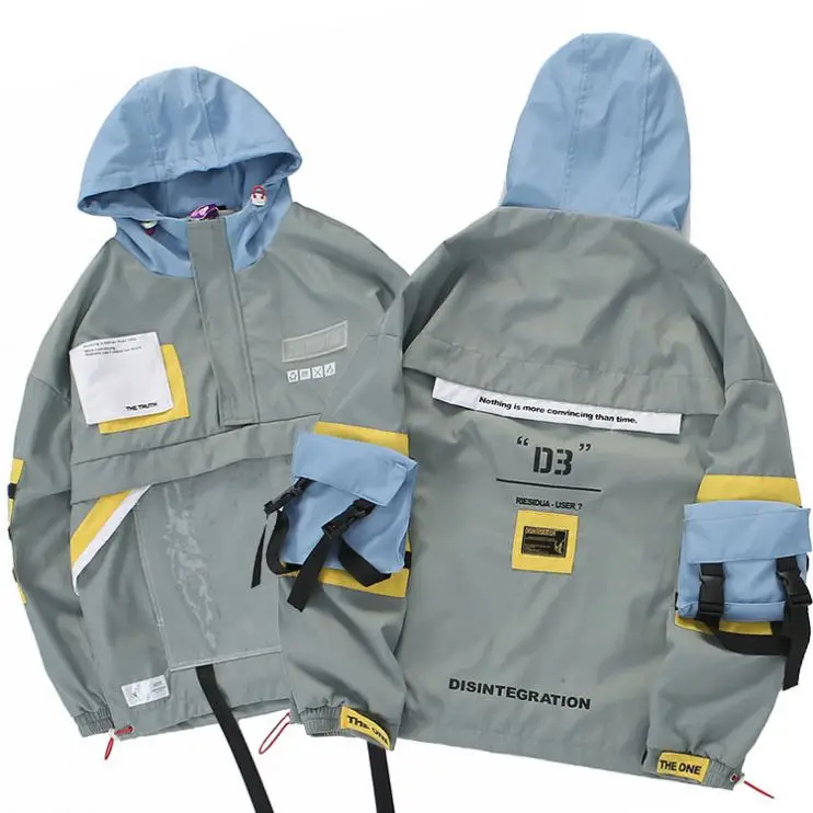 

Winter Windbreaker Jackets Men Custom Printing Colorblock Pockets Loose Quarter Zip Hooded Nylon Jacket, Custom color