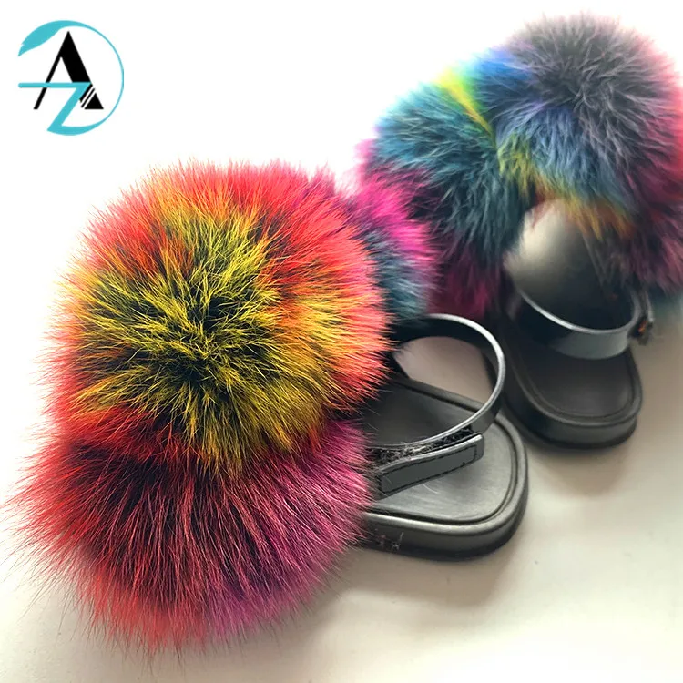 

Adjustable Wholesale Multiple Colors And Size Adults Baby Fur Slippers 100% Real Fox Raccoon Fur Women Slides, Single color, mixed color or custom