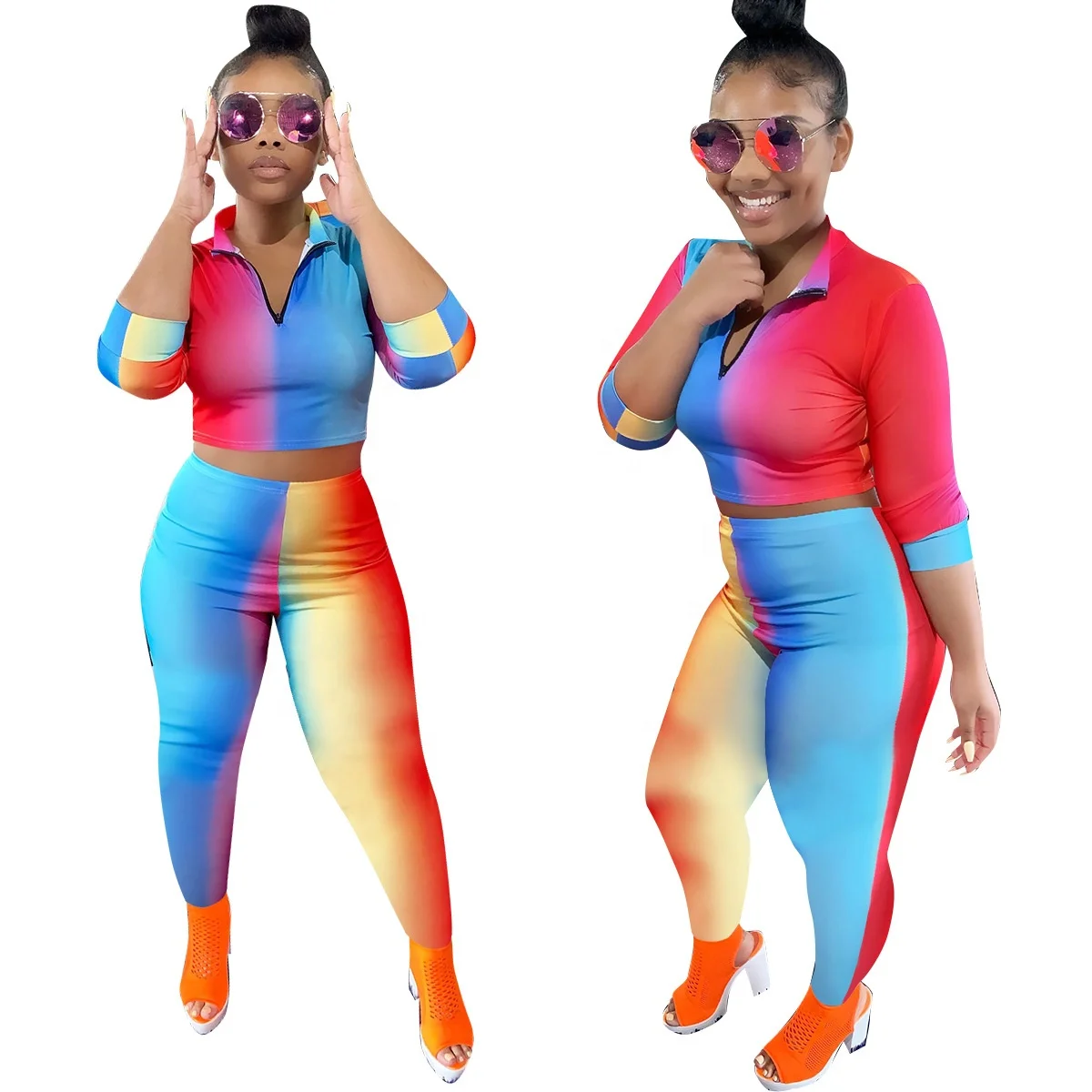 

AI09-147 2020 new summer rainbow striped casual two-piece suit 2 piece womens sets