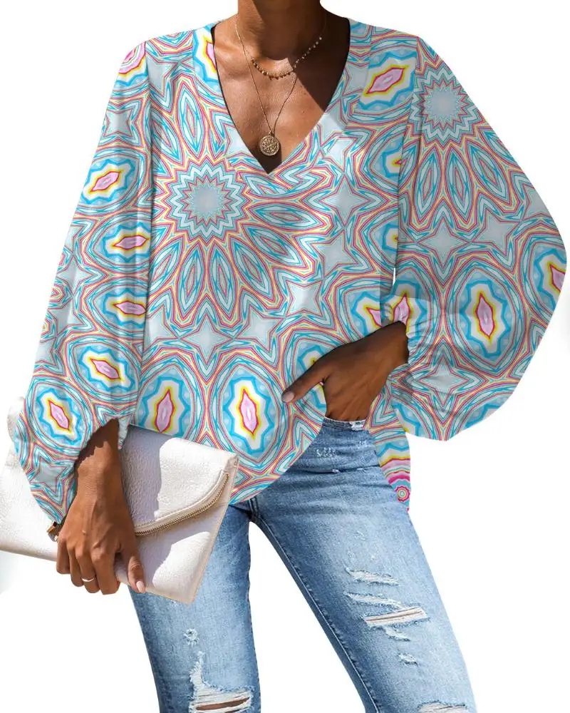 

V Neck Plus Size Shirts 2021 Mandala Print Woman Autumn Long Sleeve Blouse Tops Ladys Tops Women Blouses Casual Female Shirts