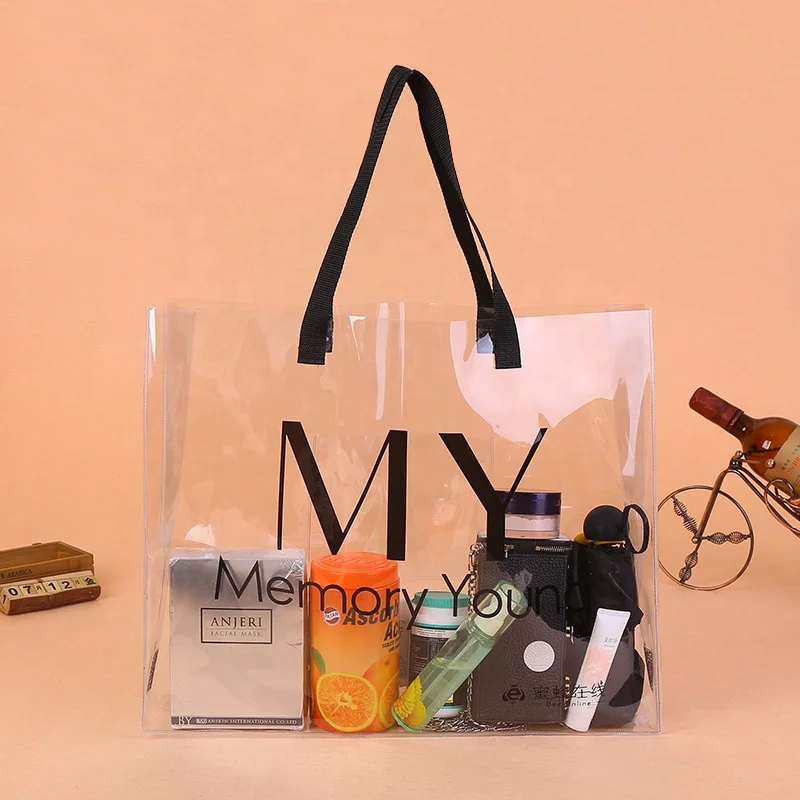 

Fashion transparent long handle PVC clothing advertising shopping handbag, Transparent/clear/frosted