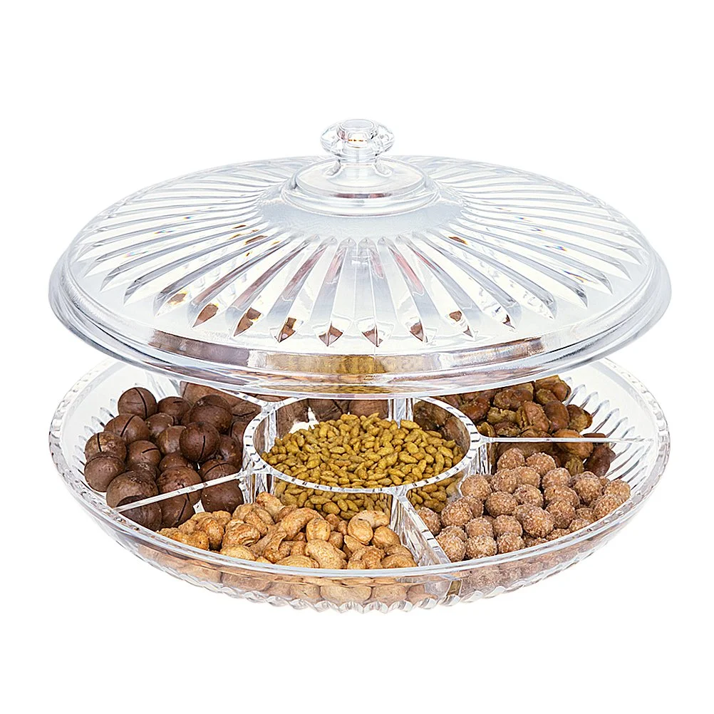 

Wholesale Transparent Round Acrylic Multi Sectional Snack Food Container Serving Tray Set With Lid Dry Fruit Plate