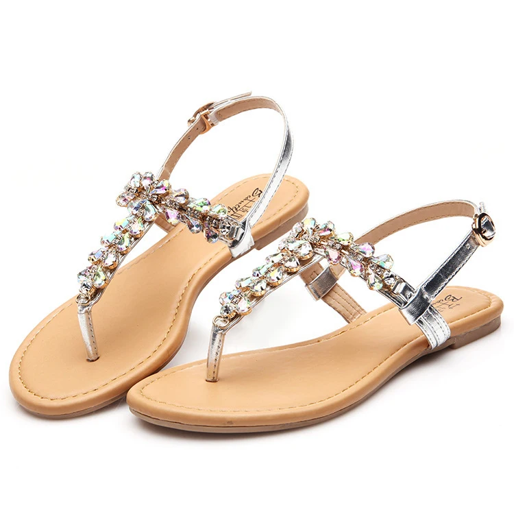 

Stylish wholesale latest fancy ladies rhinestone flat thong gladiator crystal woman sandals in fashion, Gold,silver