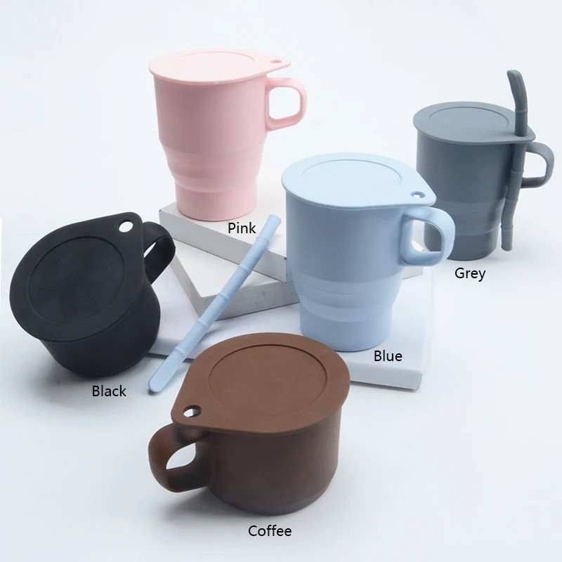 

Wholesale creative custom logo coffee cup Silicone Foldable Coffee Mug with Lid for camping, Grey, black, brown