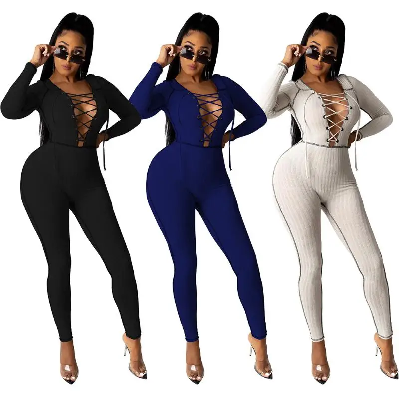 

Lldress Wholesale Customized Sexy Bandage Long Sleeve Rib Jumpsuits Women 2021 For Club Wear