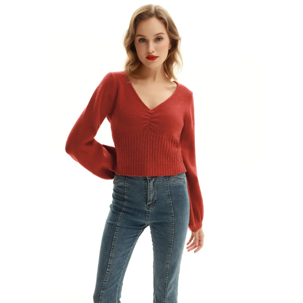 

Women Vintage Lantern Sleeve Sweater Long Sleeve V-Neck Pullover Knitwear Casual Knitted Sweater Top, Carnelian